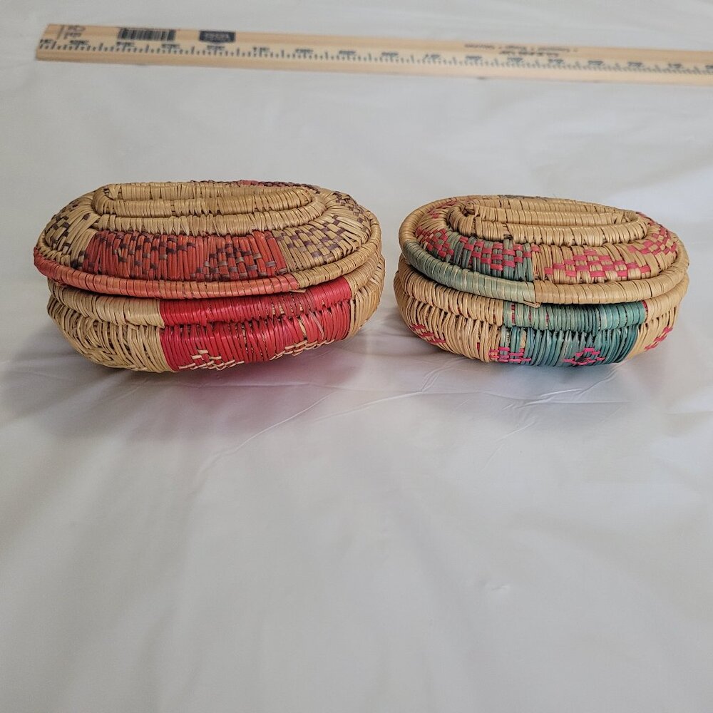 Jewlery Trinket Baskets 2 Small Woven Vintage Handmade